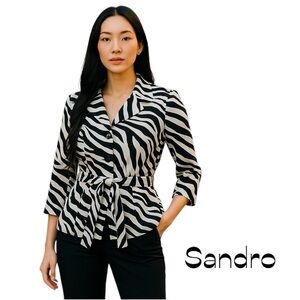 Sandro Black & White Animal Print Belted Short Trench Jacket NWOT Size M
